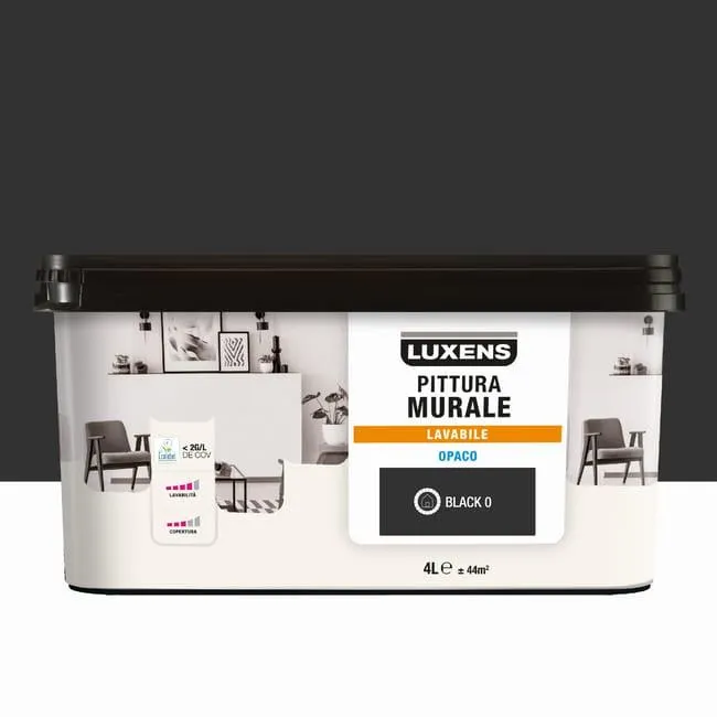 Pittura per interni per parete e soffitto lavabile, LUXENS murale nero black opaco, 4 L