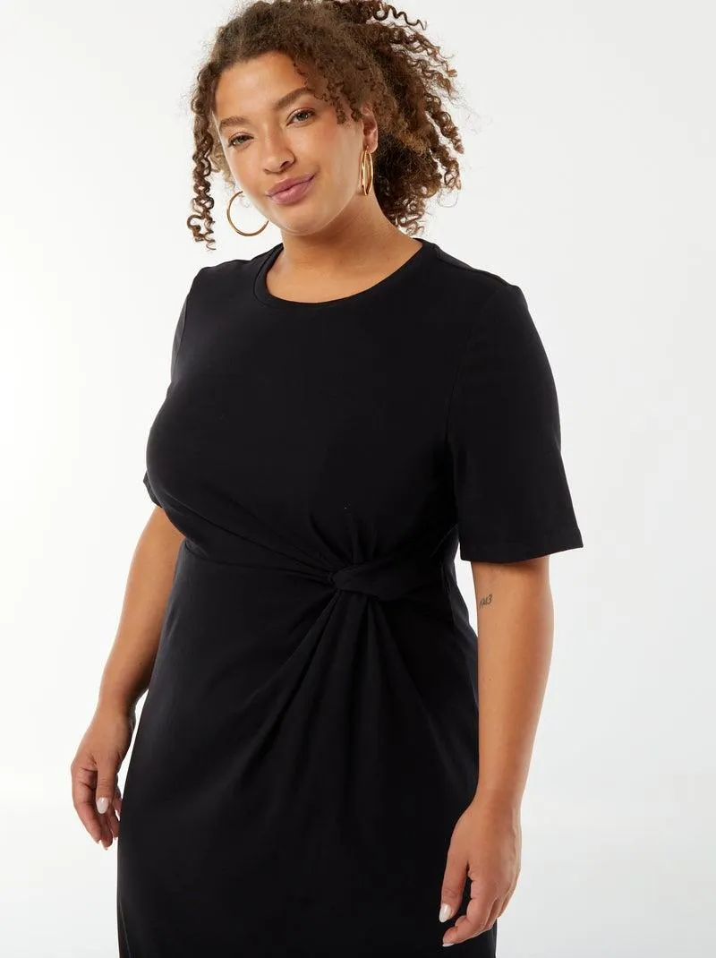 Vestito tinta unita drappeggiato taglio midi - nero