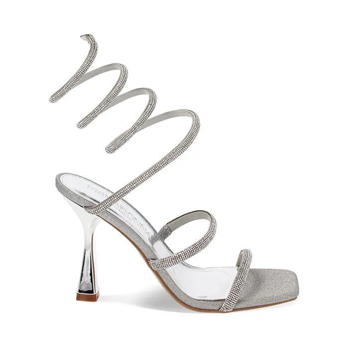 Sandali argento glitter con pietre, tacco 8,5 cm