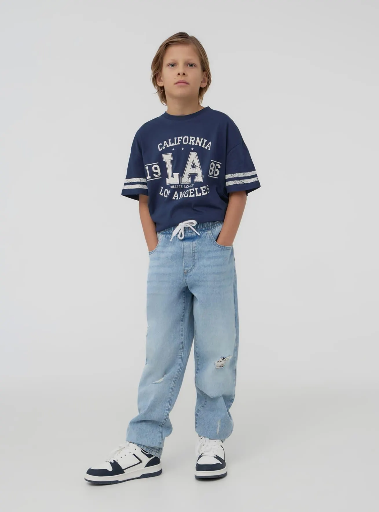 T-shirt con stampa sport e bande Blu