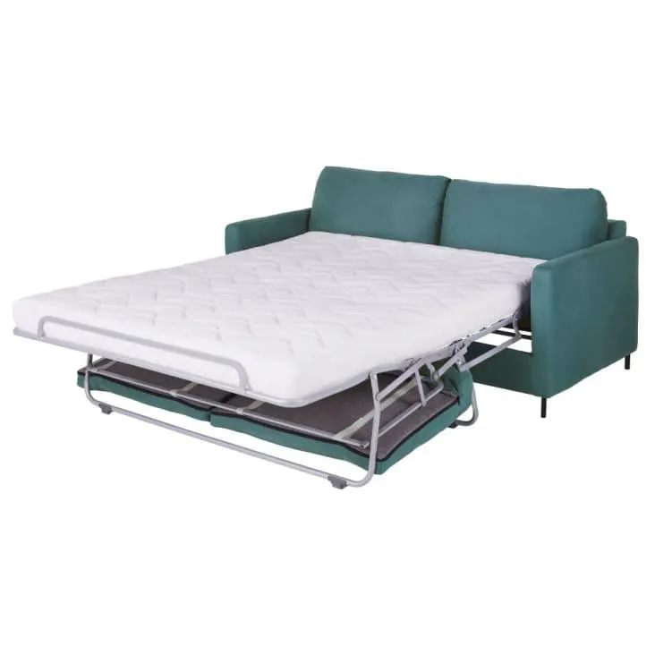 Divano trasformabile a 2/3 posti in cotone e lino blu anatra con gambe in metallo, materasso 14 cm