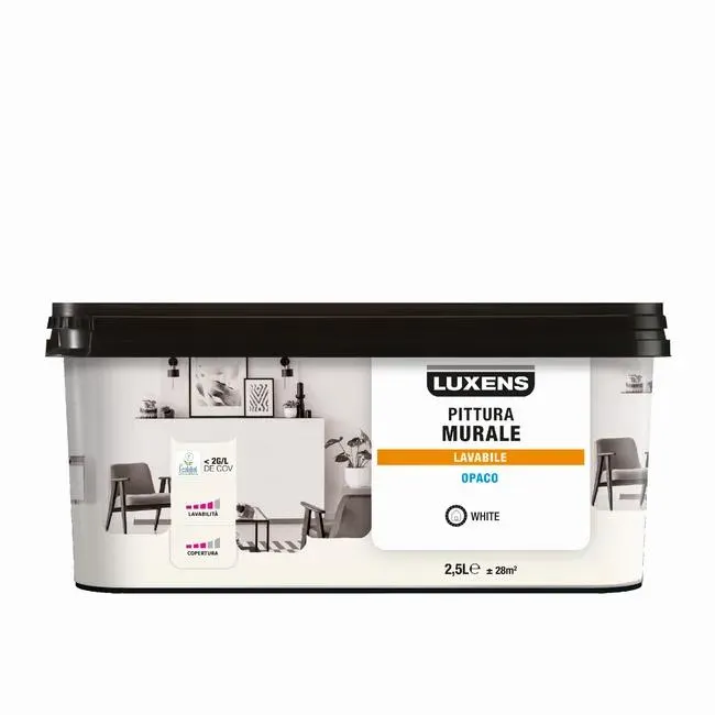 Pittura per interni per parete e soffitto lavabile, LUXENS Opaca bianco white opaco, 2.5 L