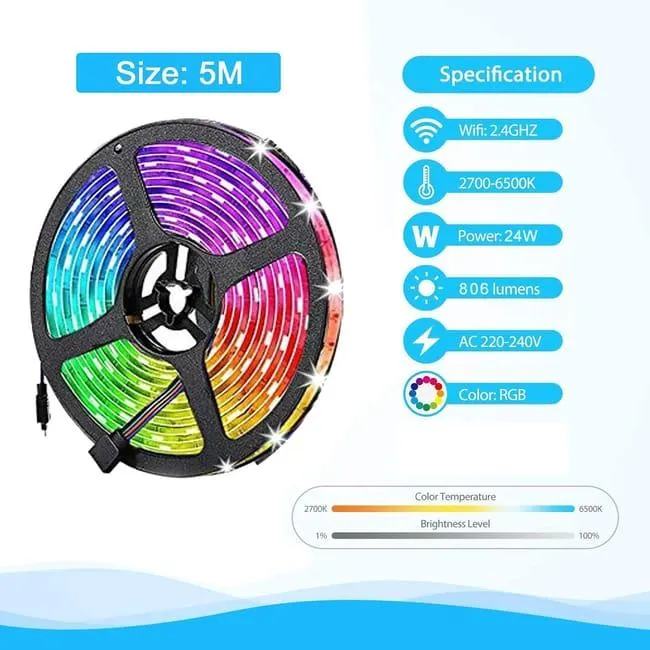 Striscia LED Intelligente WiFi 24W 5m dimmerabile IP65, luci RGBW 2700k-6500K, App TUYA