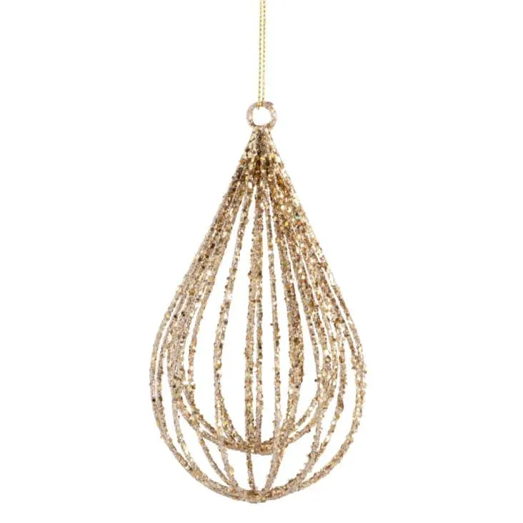 Decorazione natalizia a goccia in filo di metallo dorato e brillantini - Lotto di 6
