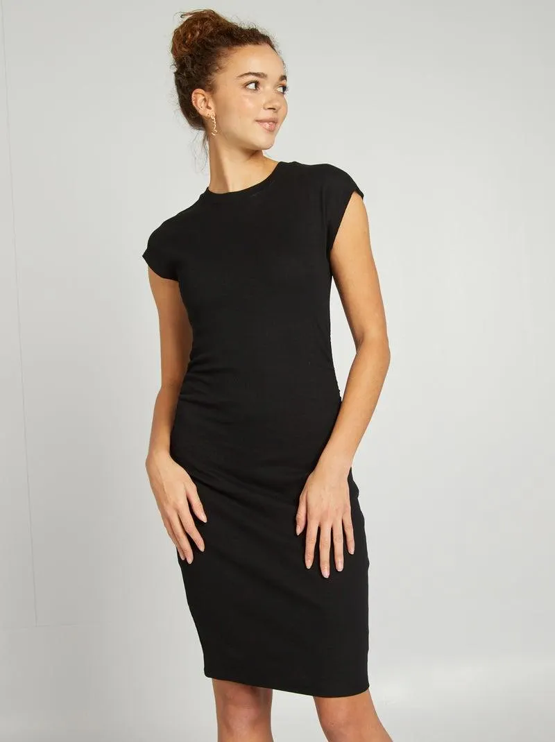 Vestito lungo in tessuto stretch a coste - nero