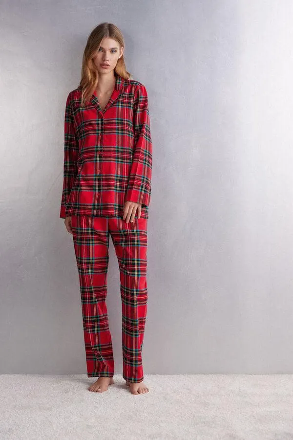Pigiama Lungo in Tela Garzata Tartan Rosso
