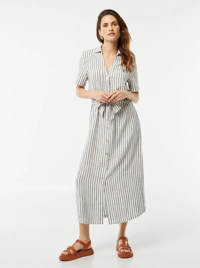 Vestito lungo a maniche corte in misto lino - GRIGIO