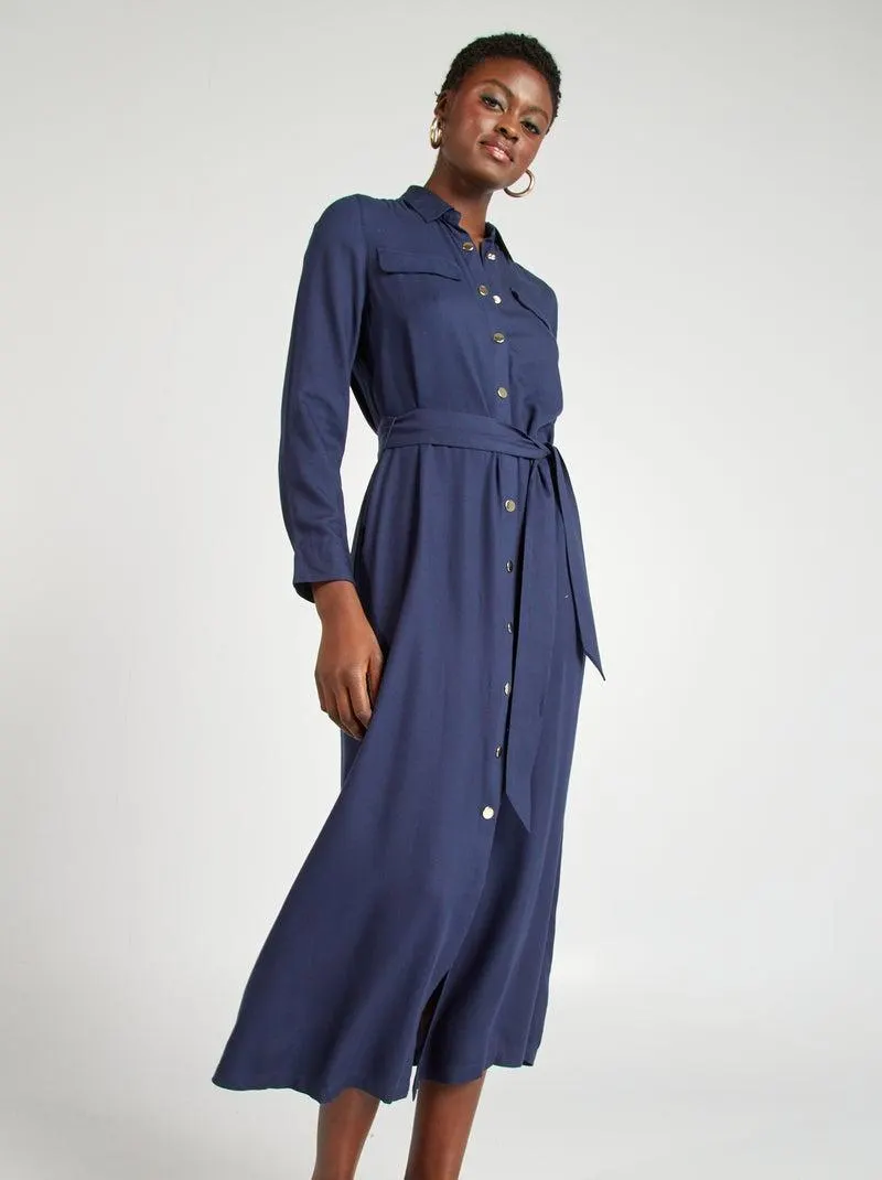 Vestito midi con cintura - NERO