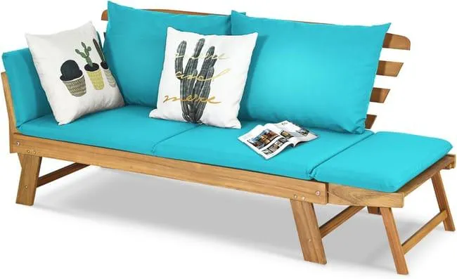 3 in 1 Divano Letto da Giardino Estendibile, 2 Posti, Legno di Acacia FSC, Carico 320 KG – Braccioli Regolabili/Cuscini/Schienale Amovibile, Turchese