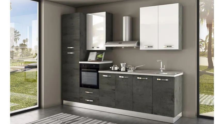 Emy cucina 300 cm colore cemento e bianco lucido