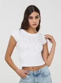 T-shirt crop con strass Bianco ottico