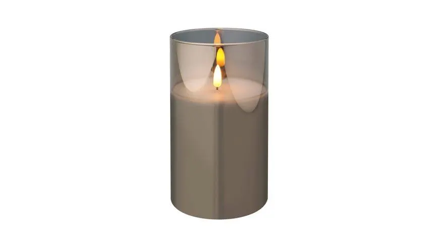 Smokey candela LED grigia con biacchiere H17,5 cm