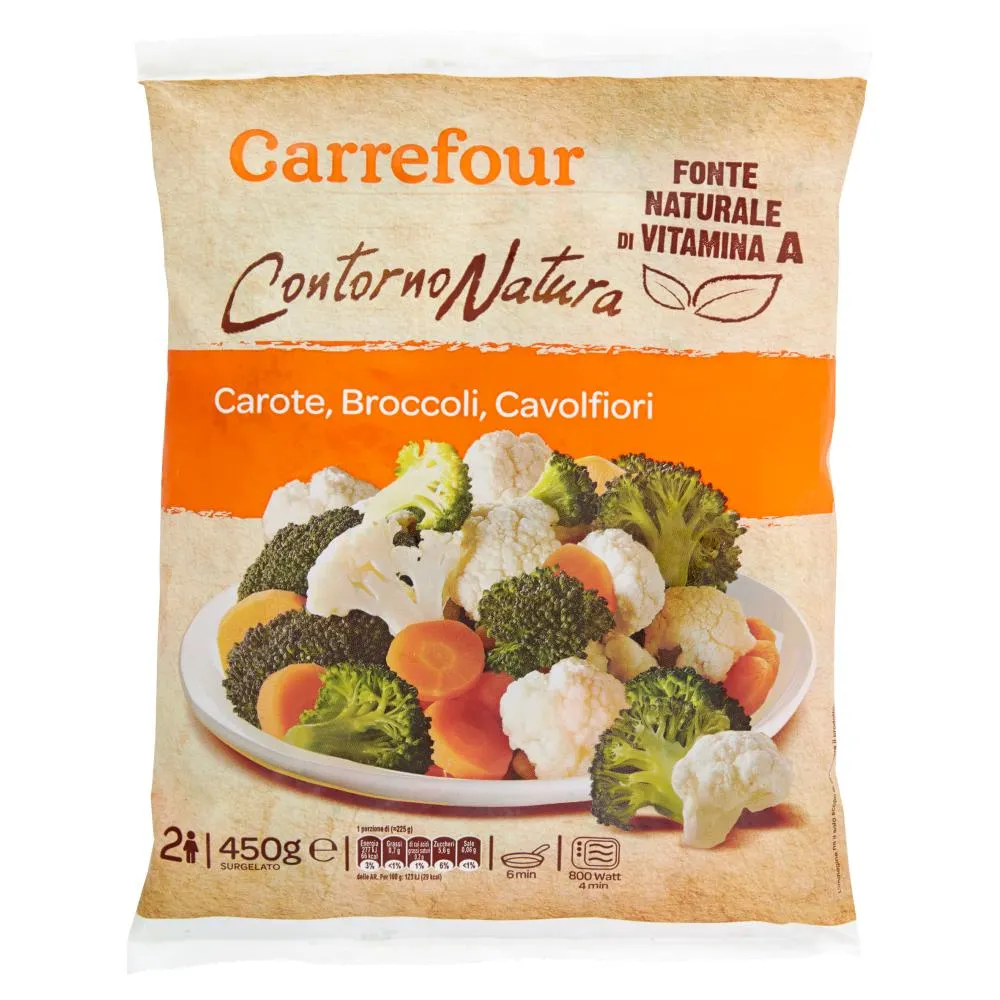 Carrefour Contorno Natura Carote, Broccoli, Cavolfiori Surgelato 450 g