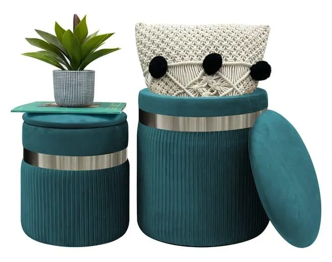 Set Di 2 Pouf Contenitori In Velluto Design Moderno Poggiapiedi,Sgabello Tondo con Coperchio Rimovibile Petrolio