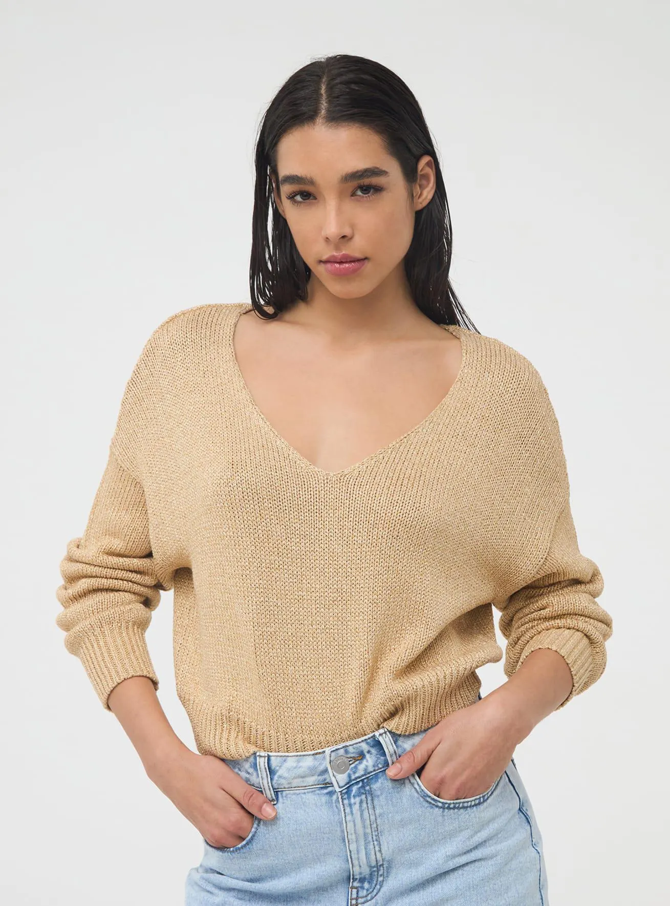 Maglia scollo a v lurex Oro