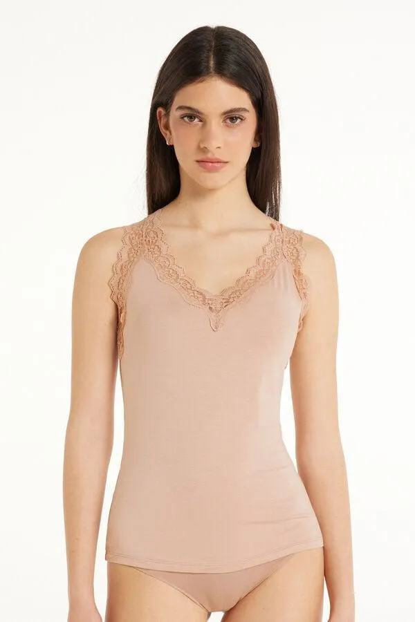 Canotta Spalla Larga Viscosa con Pizzo Scollo a V