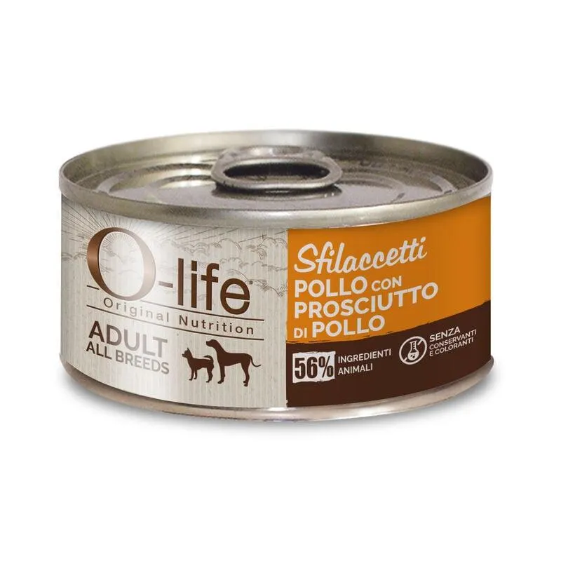 O-life Dog Adult Sfilaccetti Pollo e Prosciutto 85 gr