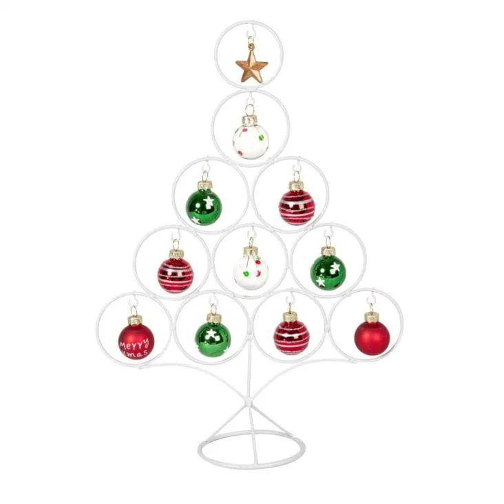 Abete di Natale in metallo decorato con palline in vetro bianche, rosse, verdi e oro alt. 35 cm