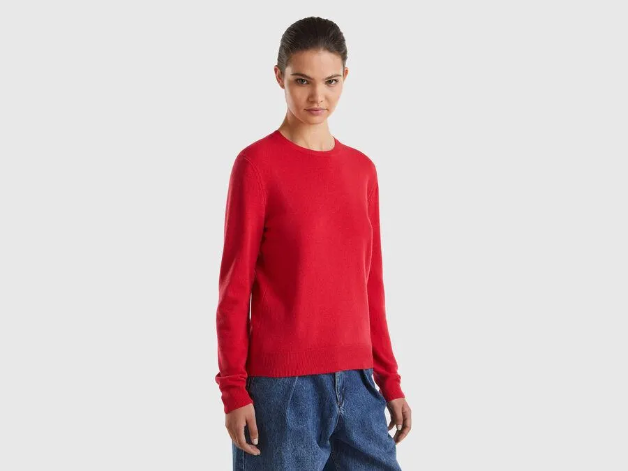 Maglia girocollo rosso prugna in pura lana Merino