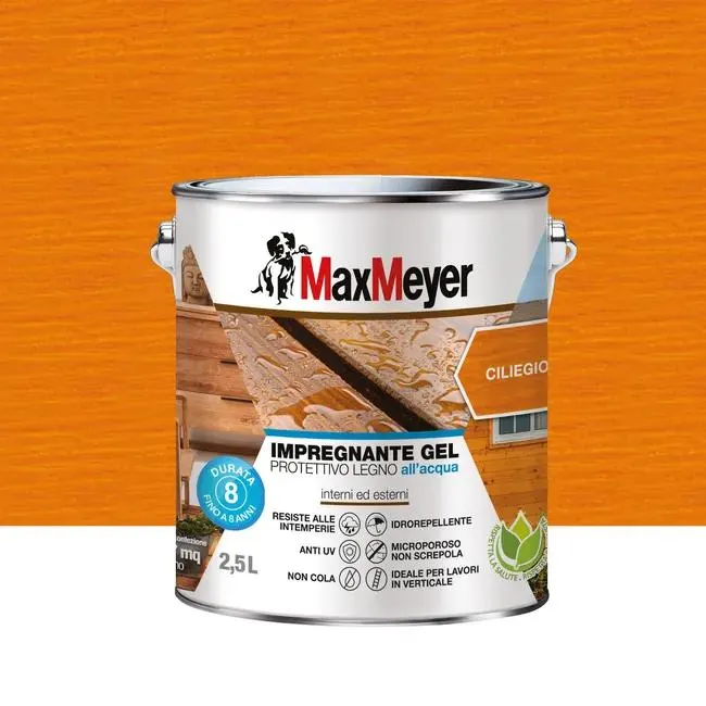 Impregnante per legno da esterno a base acqua MAXMEYER Gel ciliegio chiaro opaco 2.5 lt, 8 anni di protezione.