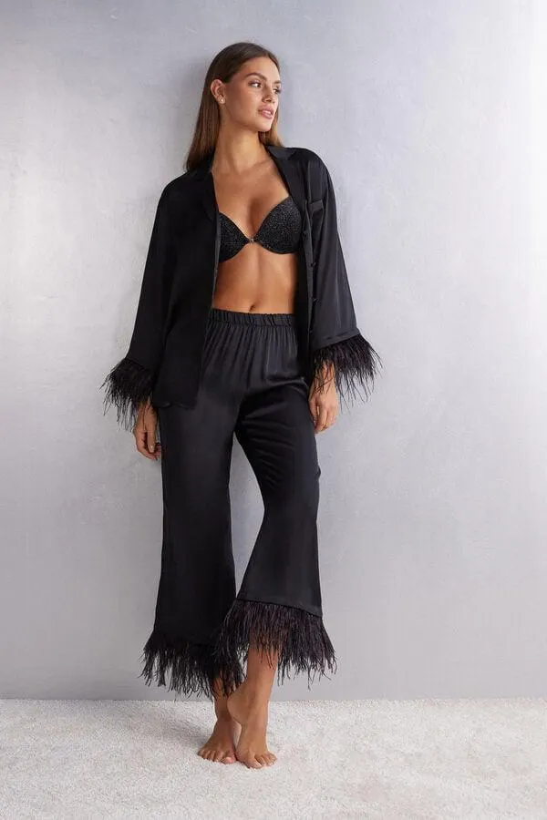 Pigiama Lungo in Raso di Viscosa con Piume