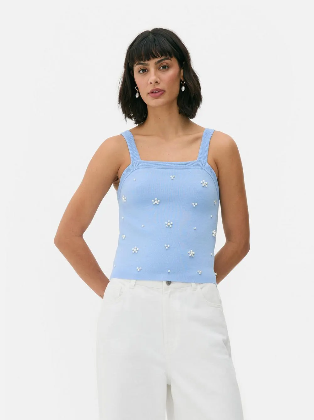 Canotta lavorata a maglia collo squadrato perle