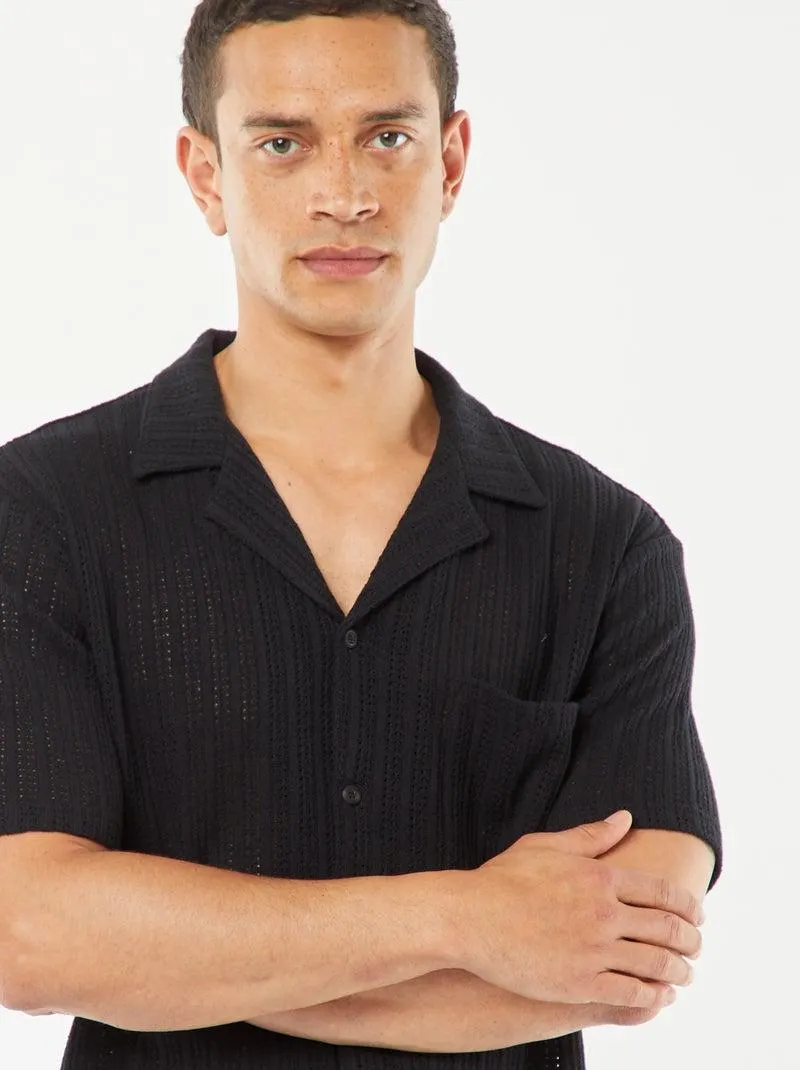 Camicia a maniche corte in tessuto traforato - nero