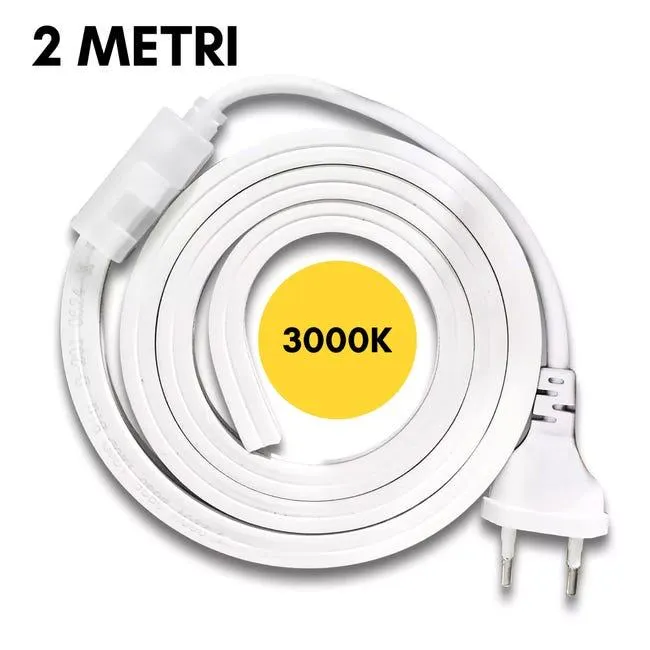 Striscia LED SMD 2835 120D Impermeabile IP65 220V per Profili da 10mm Flessibile Resistente potente per Interni ed Esterni BIANCO CALDO 3000K 2MT