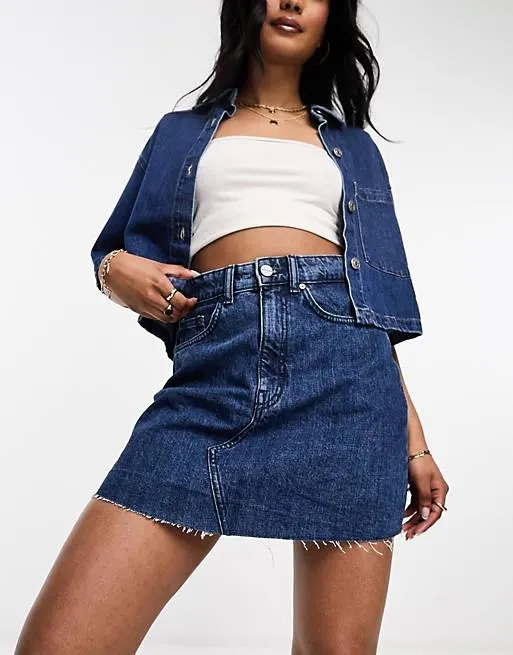 Waven - Ingar - Minigonna di jeans a vita alta indaco slavato