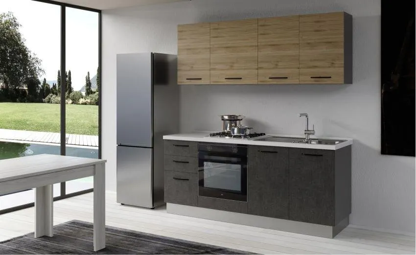 Gilda cucina 195 cm colore cemento scuro e rovere cadiz