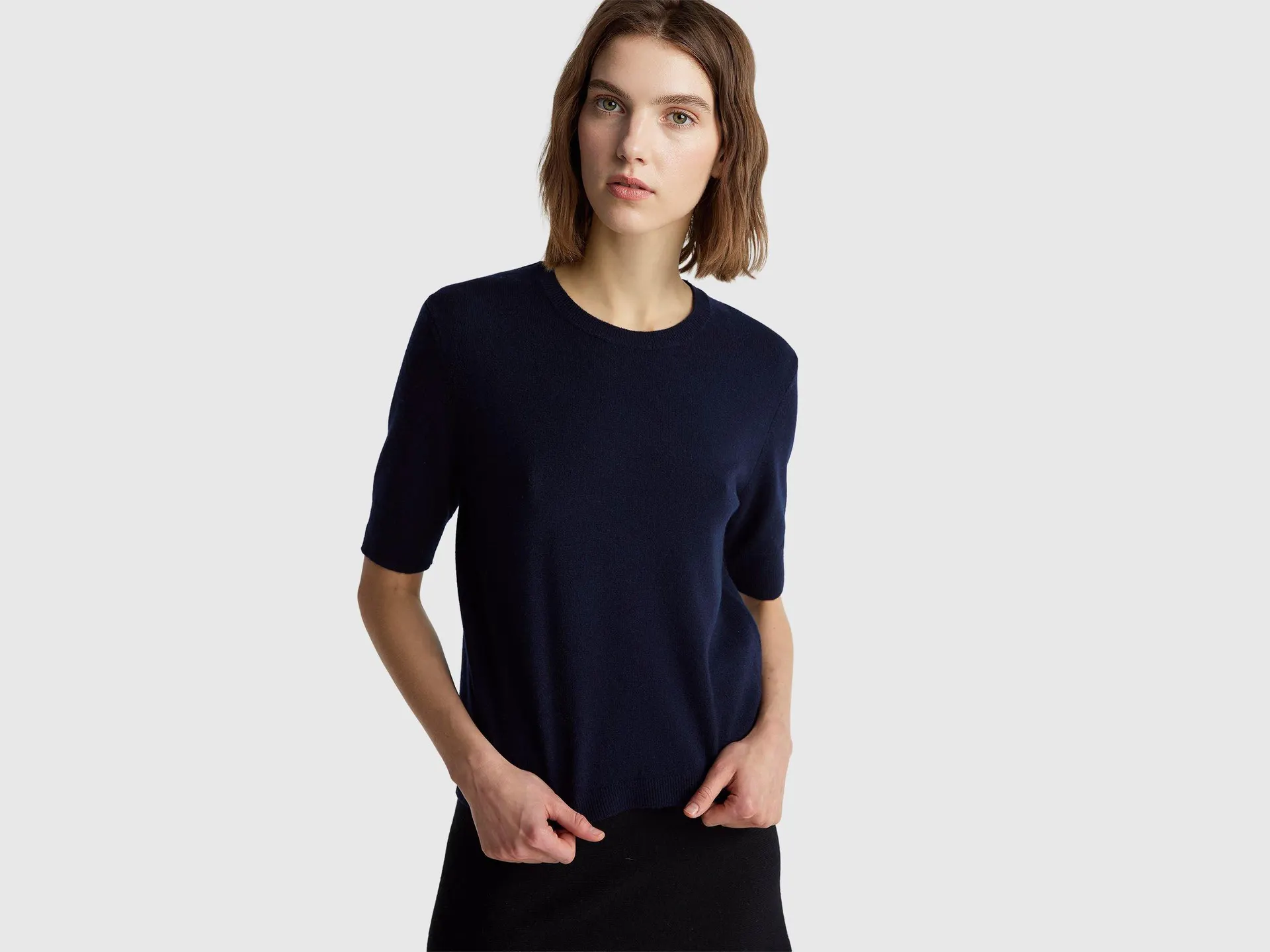 Maglia manica corta blu scuro in pura lana Merino