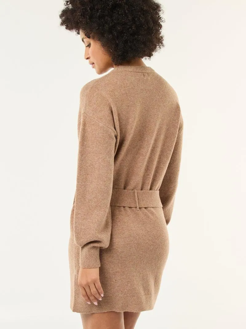 Abito maglia a maniche lunghe con cintura - Beige