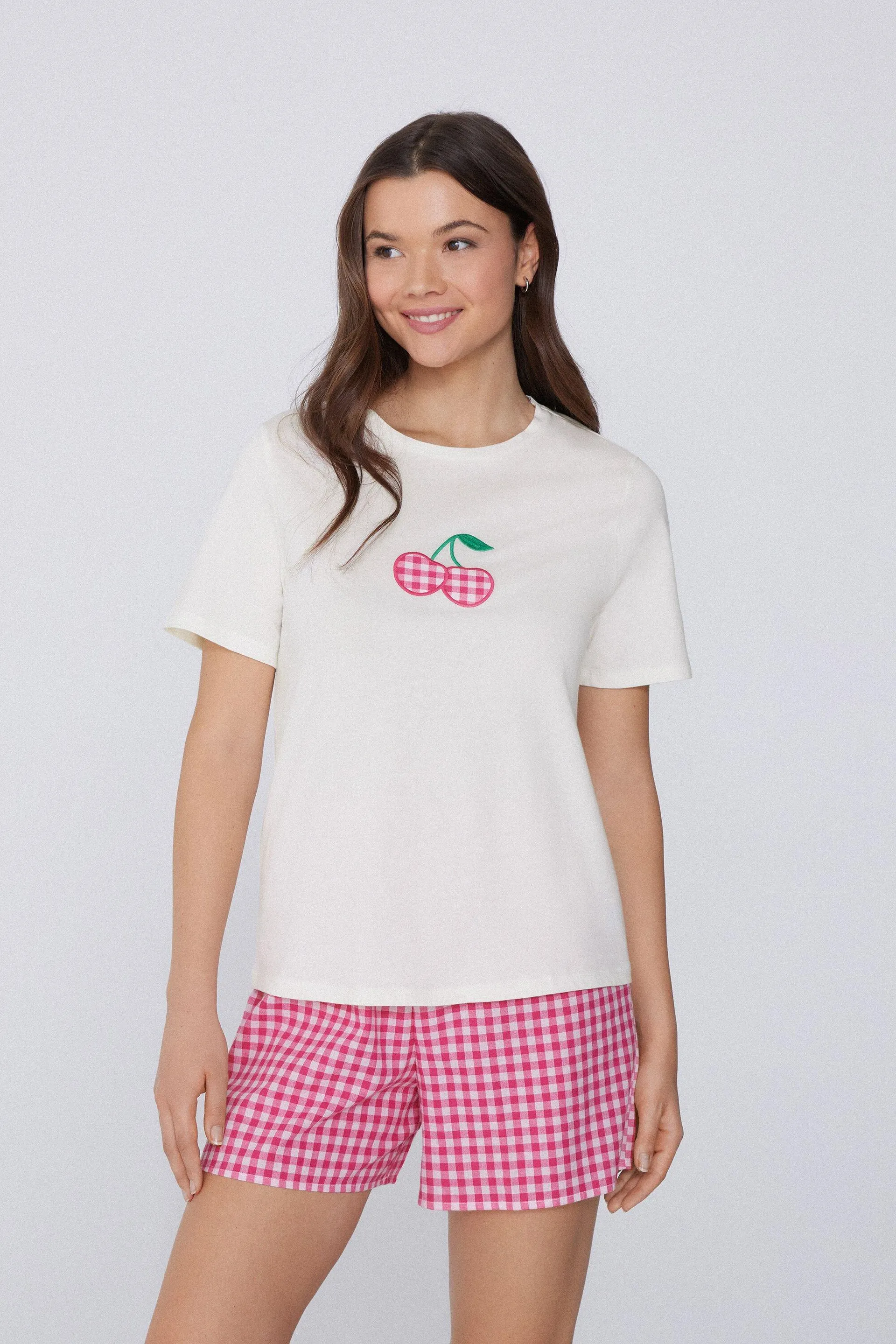 Pigiama Corto Cotone con Ciliegia Vichy