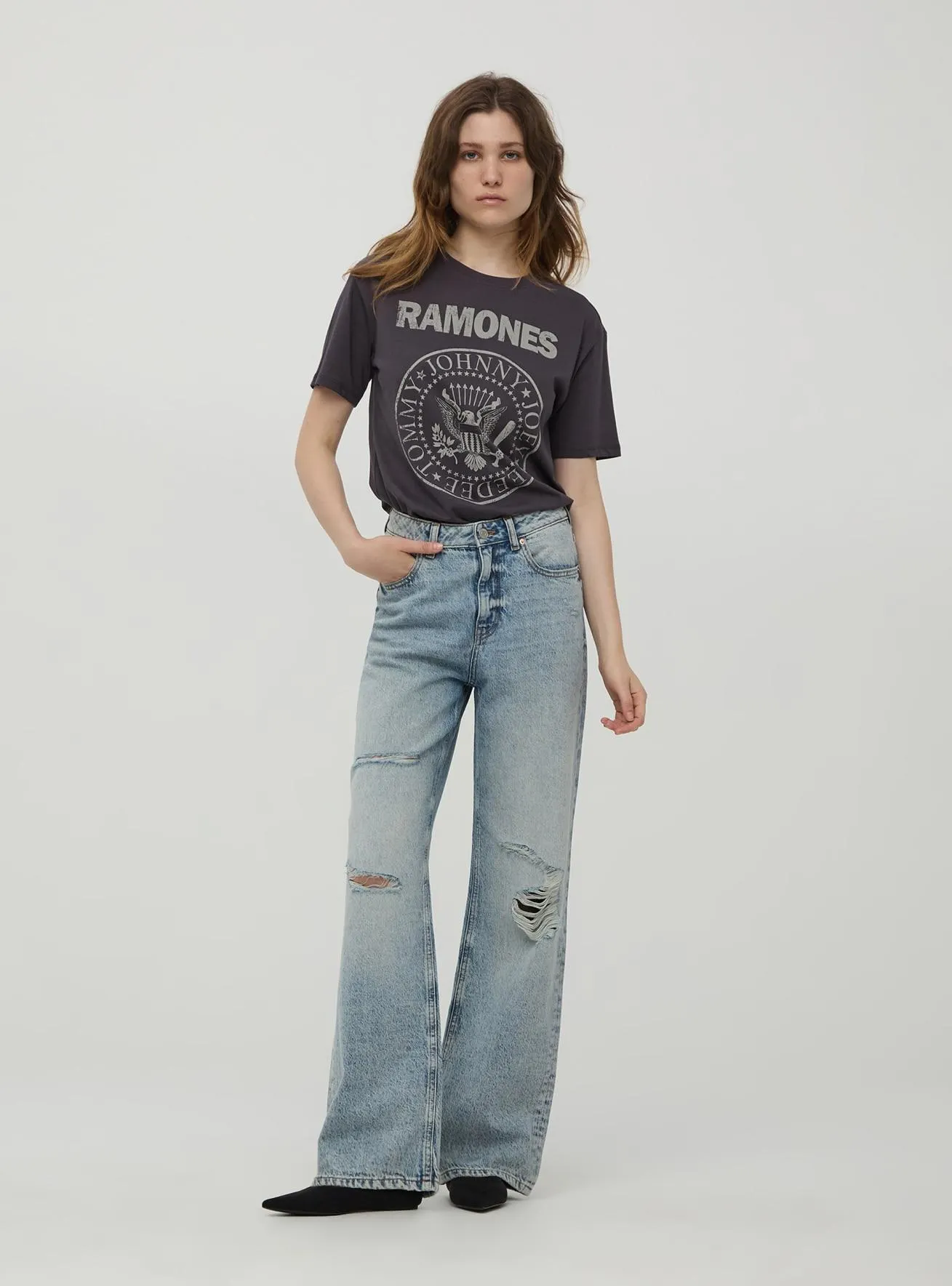 Jeans wide leg con strappi acid wash Blu denim medio
