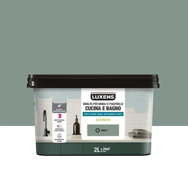 Smalto da interno per mobile e piastrelle super lavabile, antimacchia, LUXENS Cucina e Bagno verde sage 3 satinato, 2 L