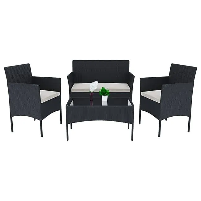 Set Di Mobili da Giardino Salotto Salottino in Rattan nero 4 Posti con Tavolino E Ripiano In Vetro 2 Poltrone e Divano 2 Posti Per Giardino