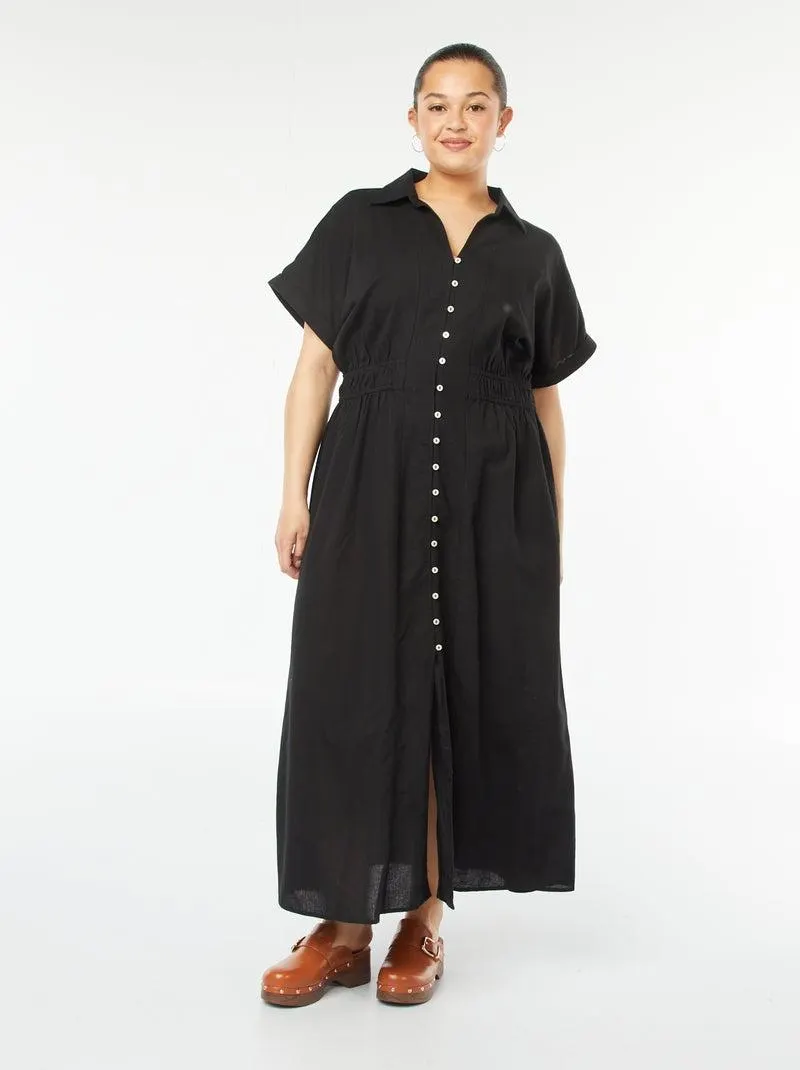 Vestito midi a maniche corte con collo a camicia - nero