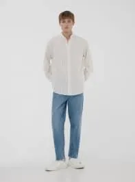 Camicia coreana a righe effetto lino maniche regolabili Var crema