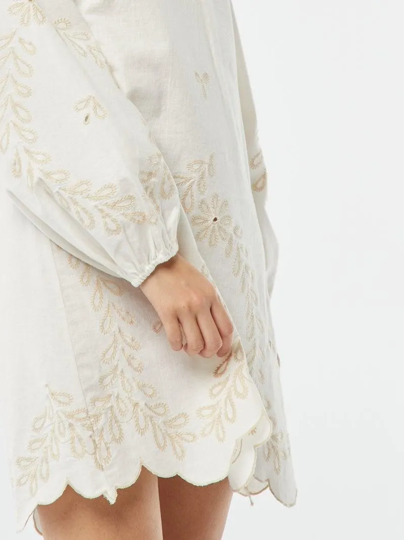 Vestito corto con maniche lunghe a sbuffo ricamate - BEIGE