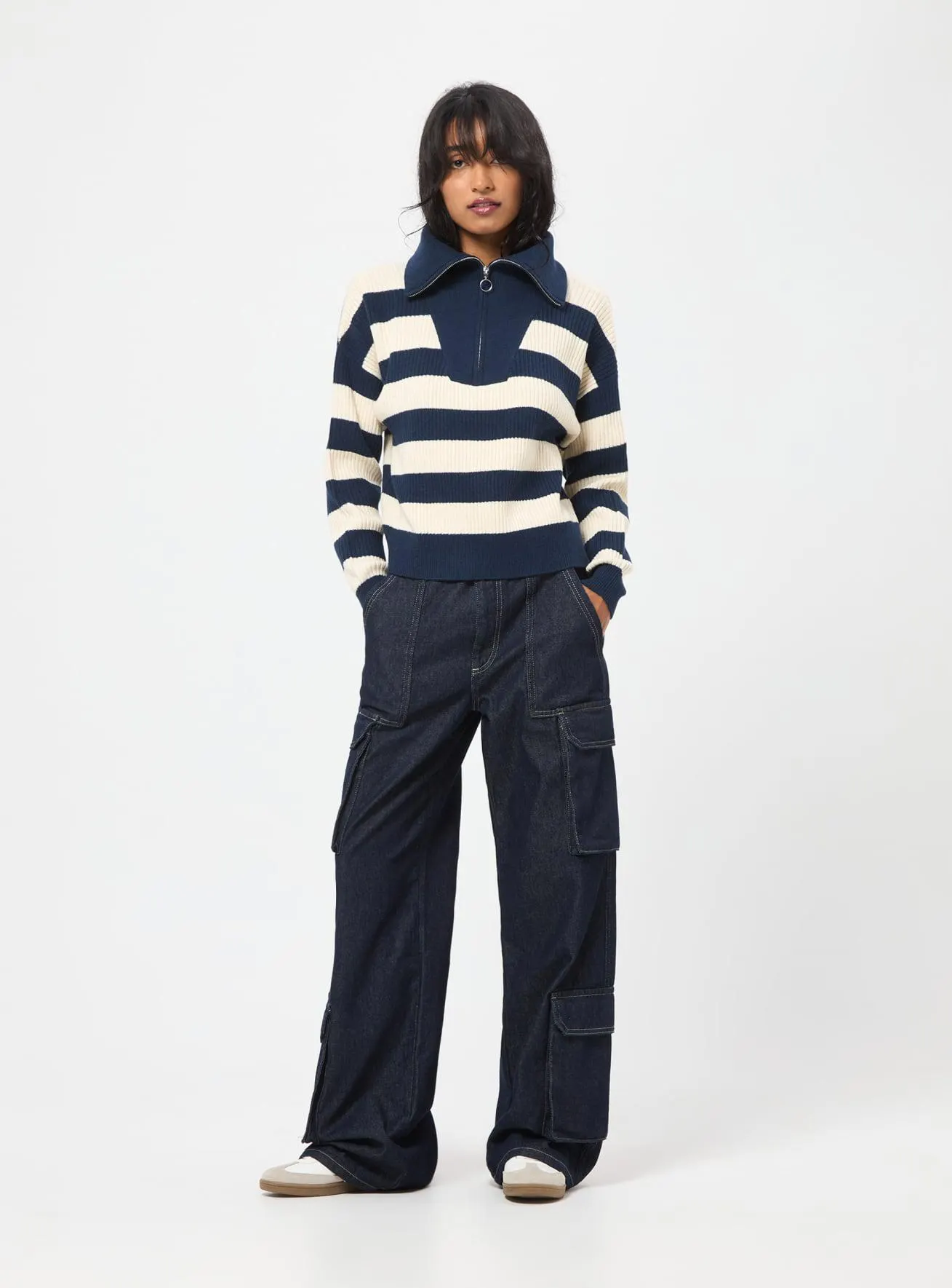 Maglia half zip a righe crop Var blu scuro