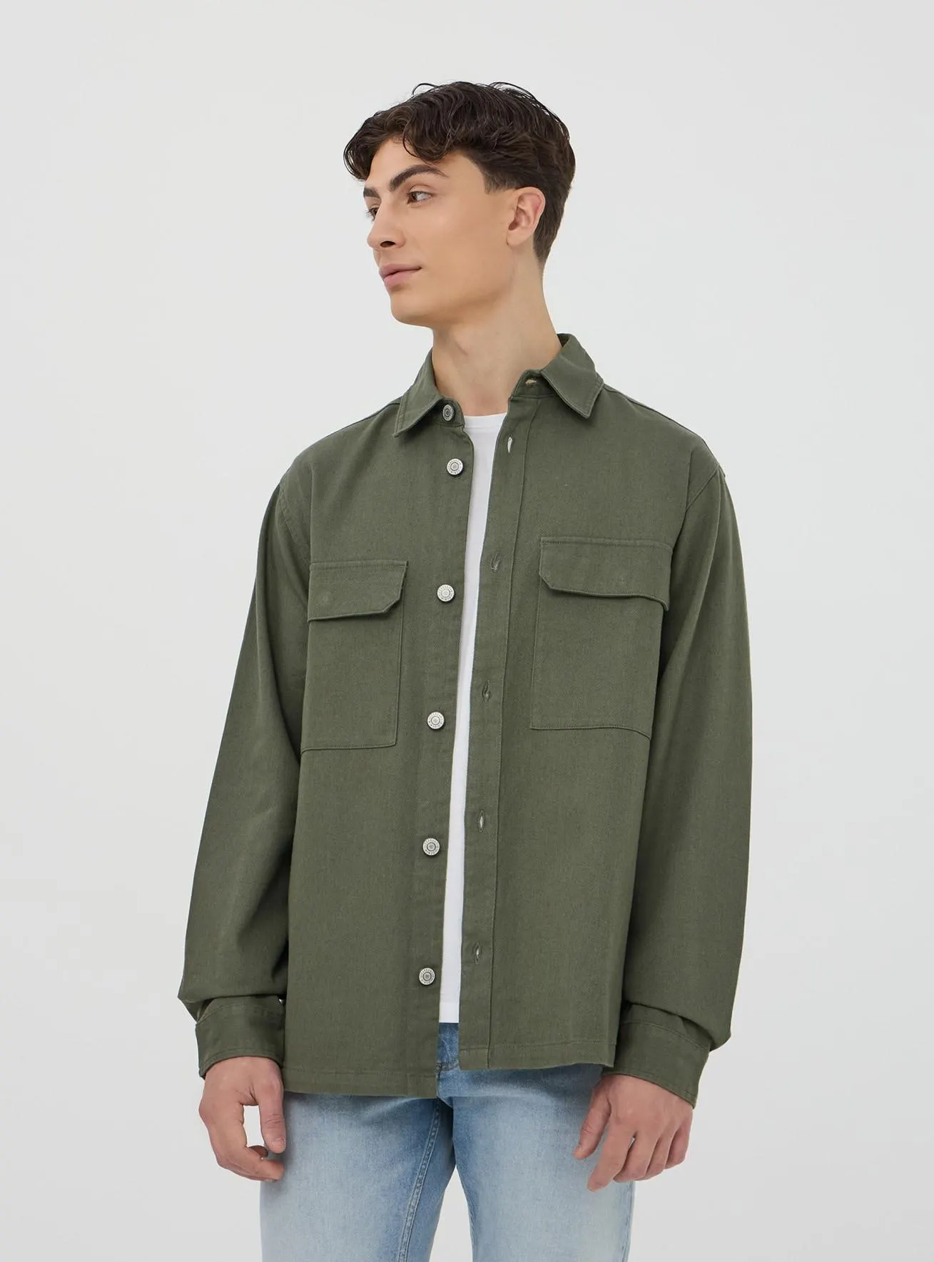 Camicia shacket in twill di cotone tinta unita Salvia