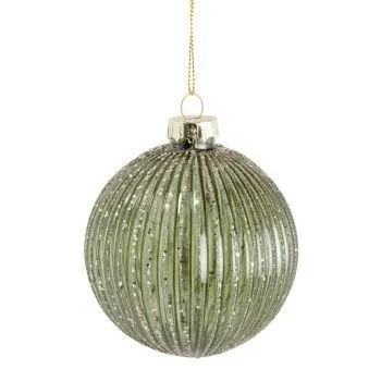 Pallina di Natale in vetro striato colorato verde oliva e brillantini dorati - Lotto di 6