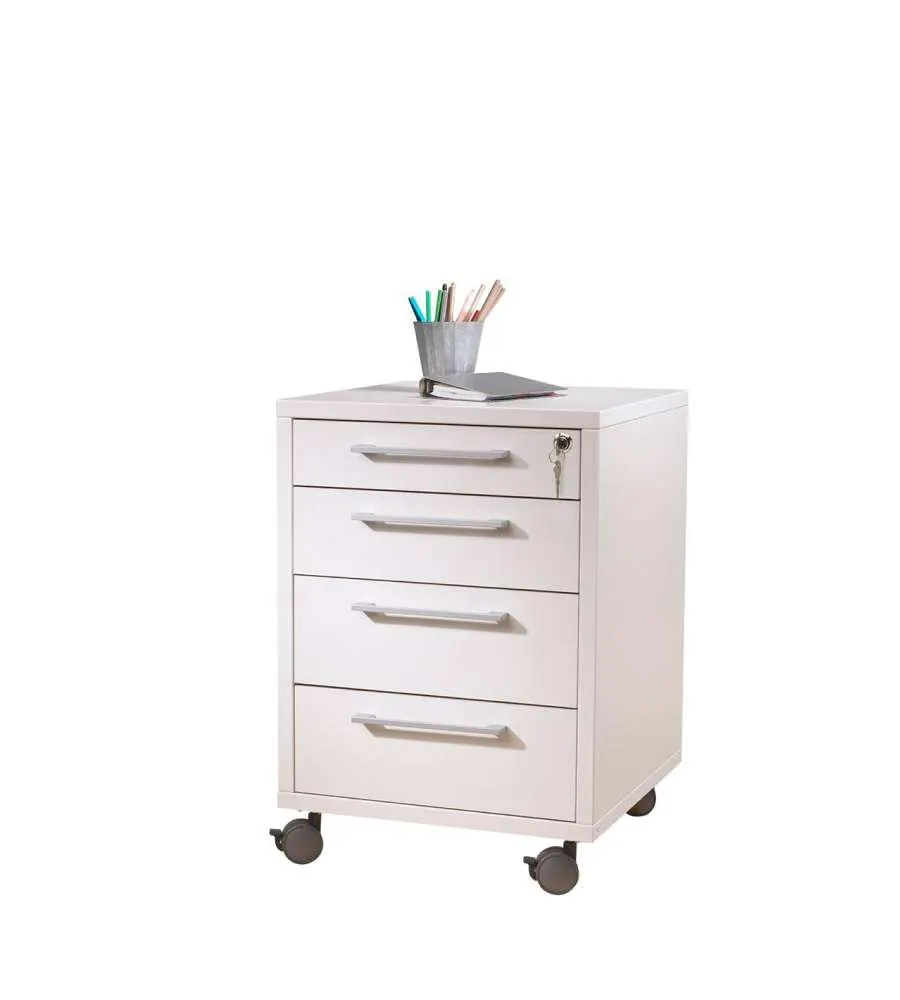 CASSETTIERA DA UFFICIO BIANCA CON RUOTE E 4 CASSETTI, 48X68X49 CM