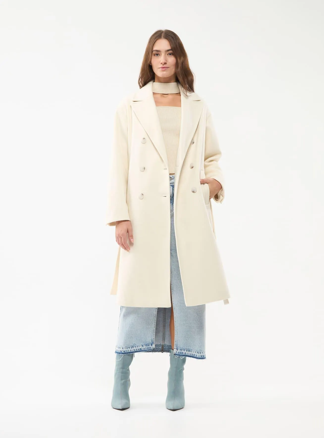 Cappotto doppio petto con cintura Avorio