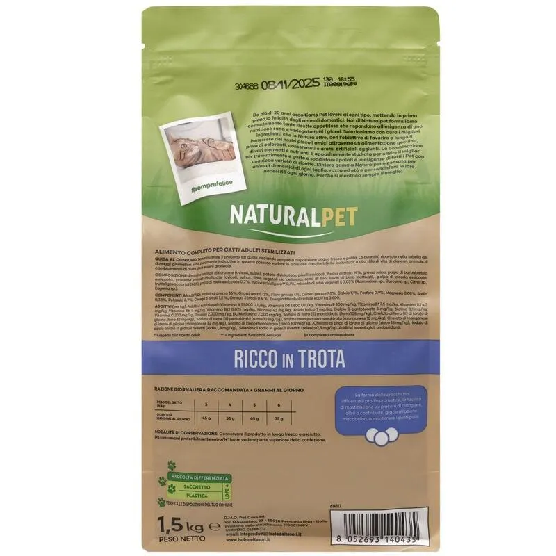 Naturalpet Premium Cat Adult Sterilised ricco in Trota 1,5 kg