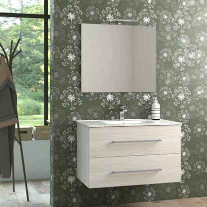 Composizione bagno "Mary" bianco larice con lavabo, specchio e led