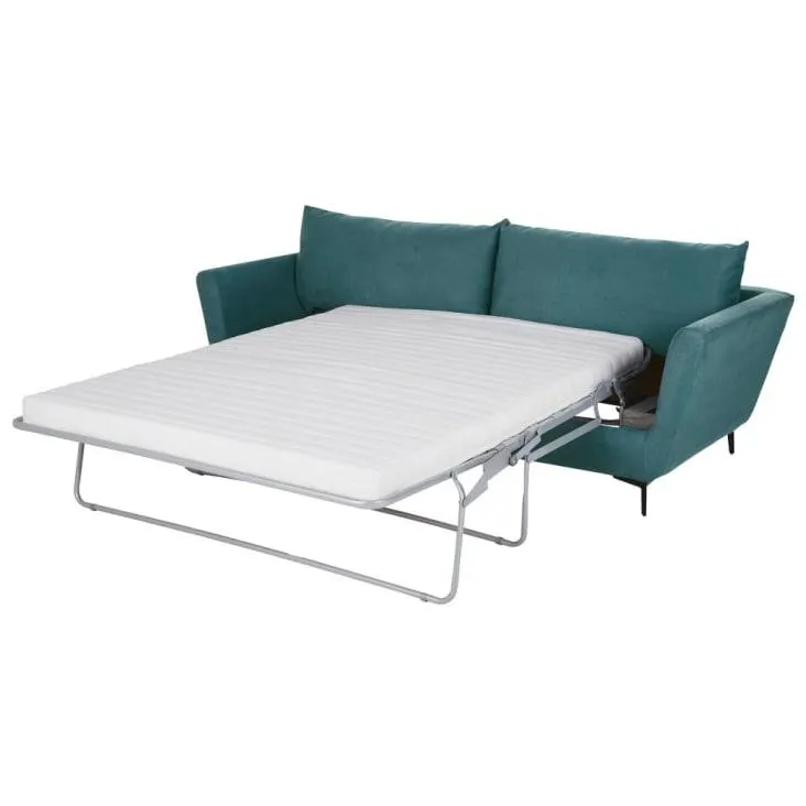 Divano trasformabile a 3/4 posti in cotone e lino blu anatra, materasso 10 cm