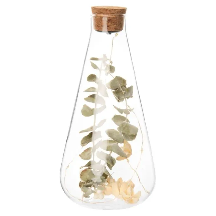 Barattolo a goccia luminoso in vetro, tappo in sughero e fiori secchi alt. 24 cm - Lotto di 2