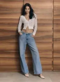 Jeans wide leg acid wash Blu denim medio