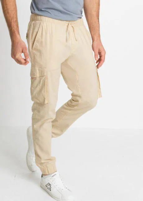 Pantaloni cargo in misto lino con elastico in vita regular fit, straight